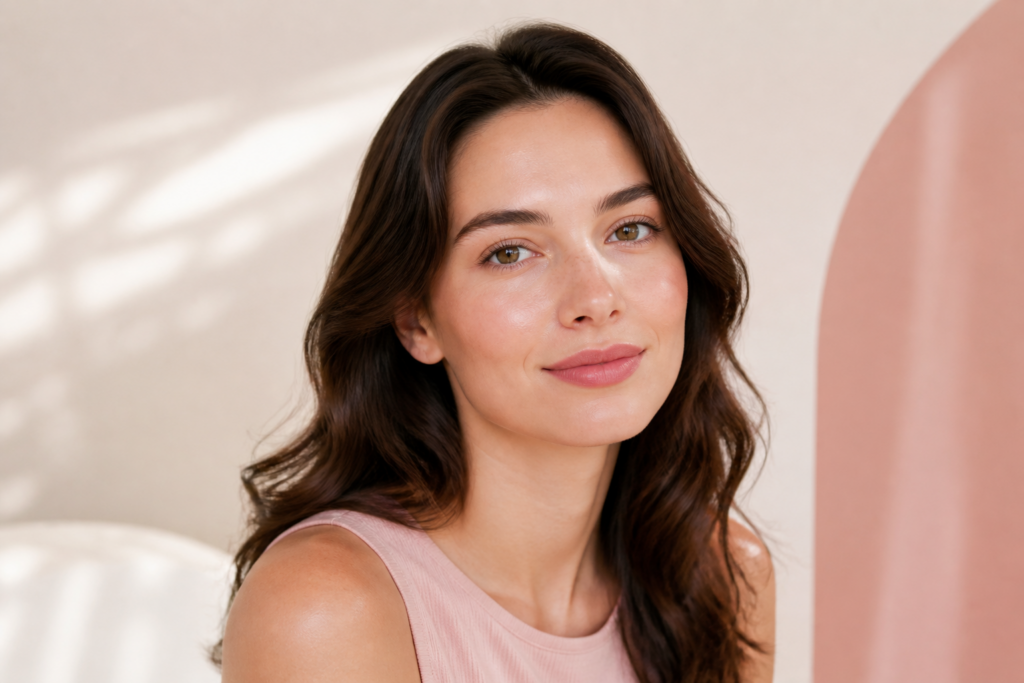 Mulher com maquiagem de acabamento natural em conteúdo sobre beleza híbrida