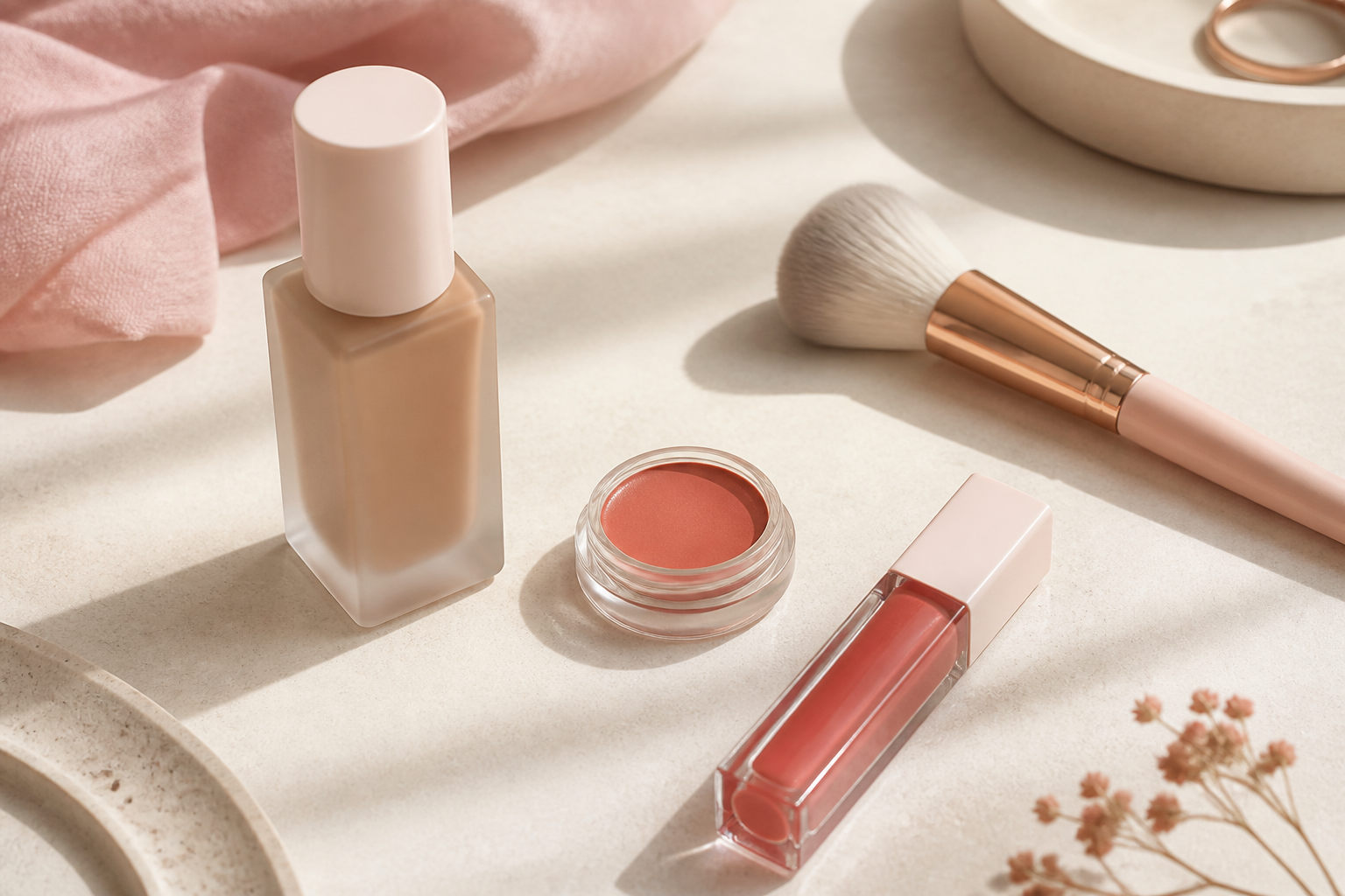 Base fluida, blush cremoso e lip oil em composição editorial