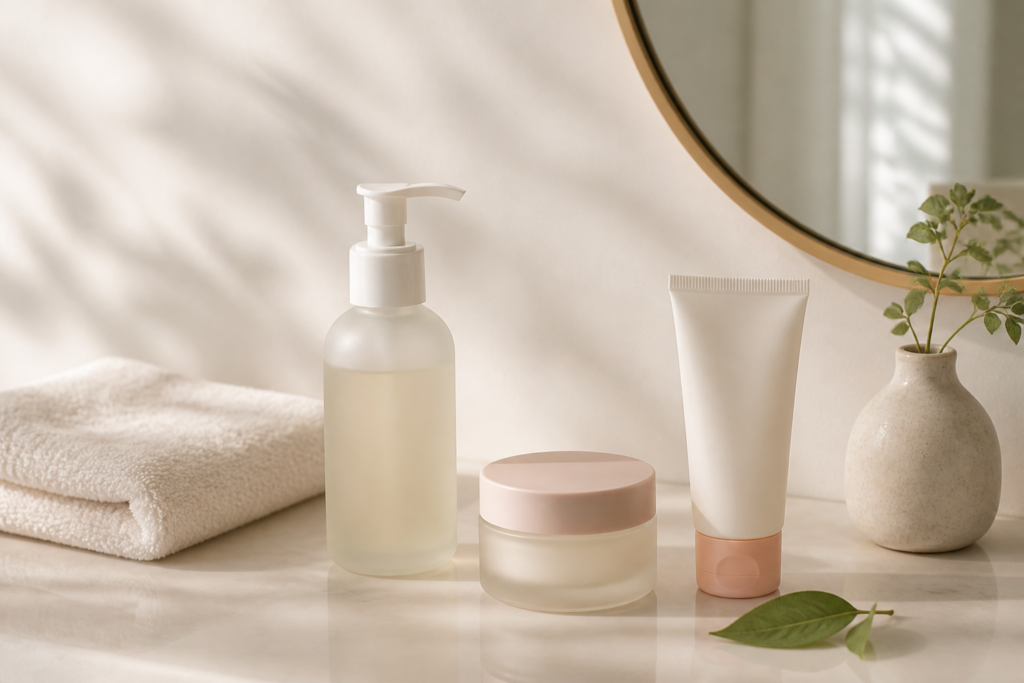 Rotina de skincare essencial com embalagens genéricas sem marca
